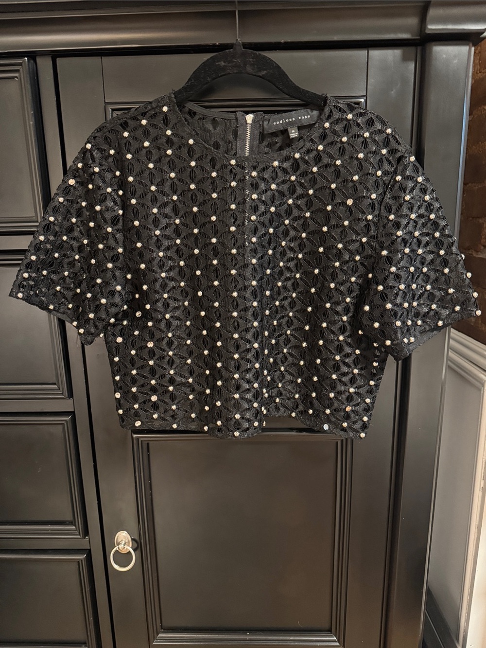 Black Embellished Crochet Short Sleeve Top